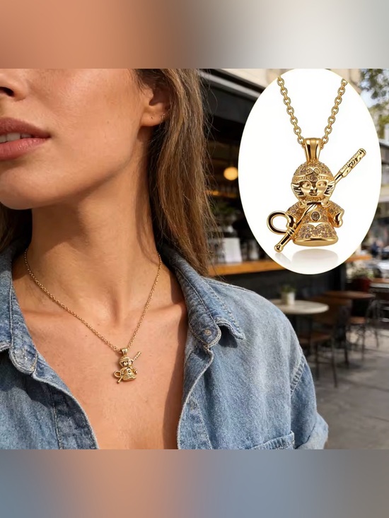 Moon Goddess Emporium Jewelry - 18K Gold Monkey King w/ Staff Micro Pave Diamond Inlay Necklace Mythology Legend